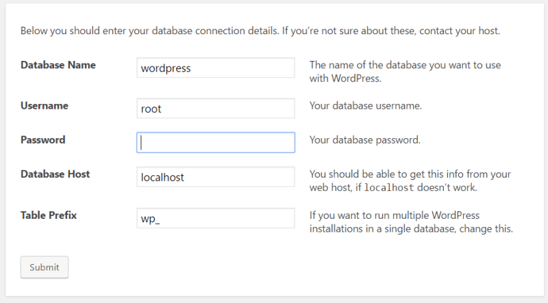 WordPress configuration screen